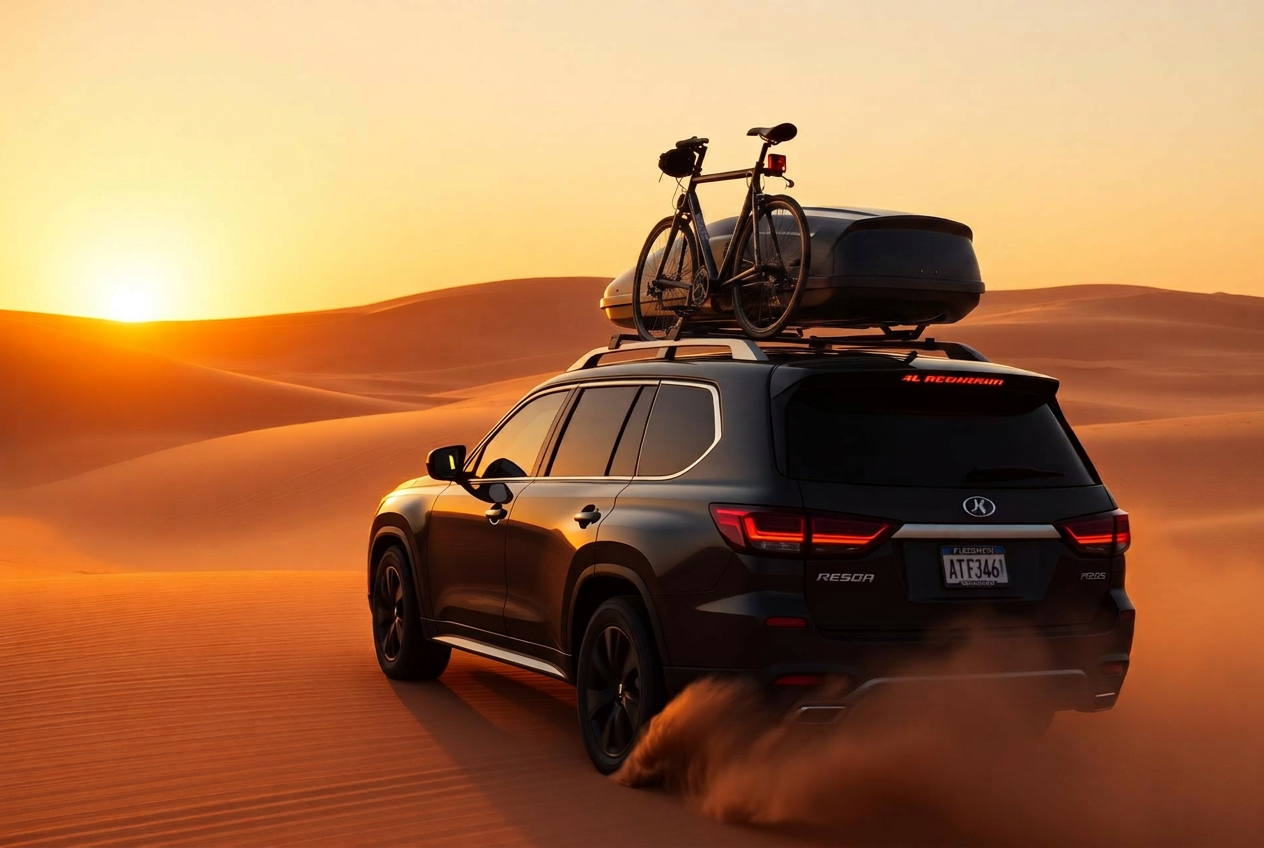 SUV with roof box and bike in Egyptian desert